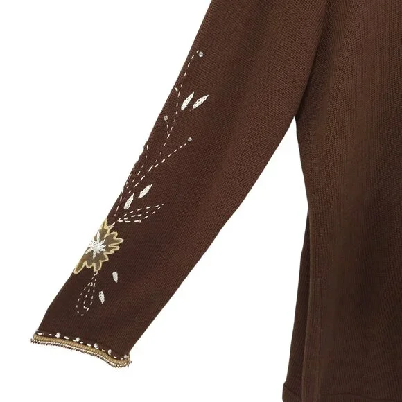 Sweater Sweater Embroidered Beaded Cowl Neck Cardigan Womens Size XL Brown NEW
